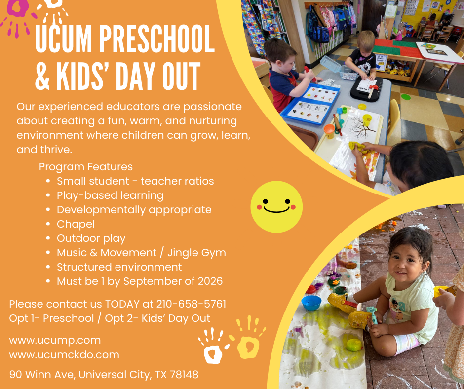 Enrollment is still open for Universal City UMC's Preschool and Kids' Day Out programs and spaces are still available.