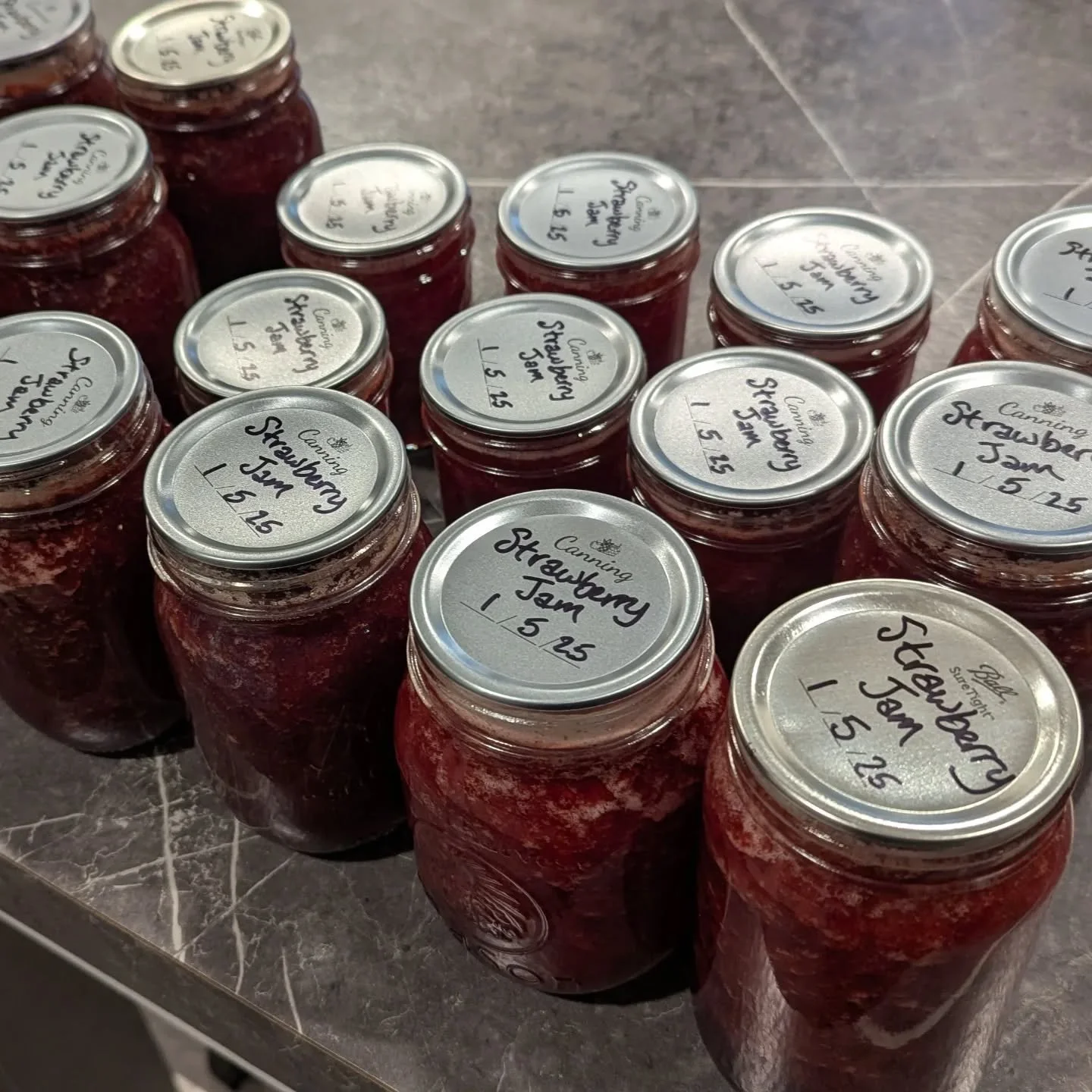 Jellies and jams - DONE! 15 pounds of fruit is now 19 pints and 6 half-pints of delicious strawberry jam and blackberry jelly. A year of biscuit, sandwich, and ice cream toppings done in just one evening!

#canning #foodpreservation