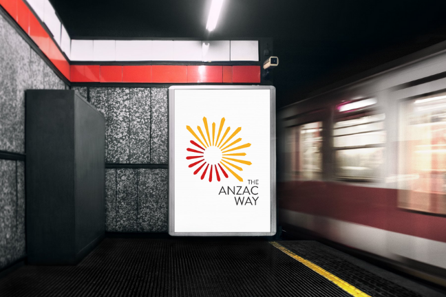 Advertisement display with the ANZAC logo in a subway station, next to a moving train.