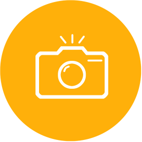 Icon of a camera on an orange circular background.