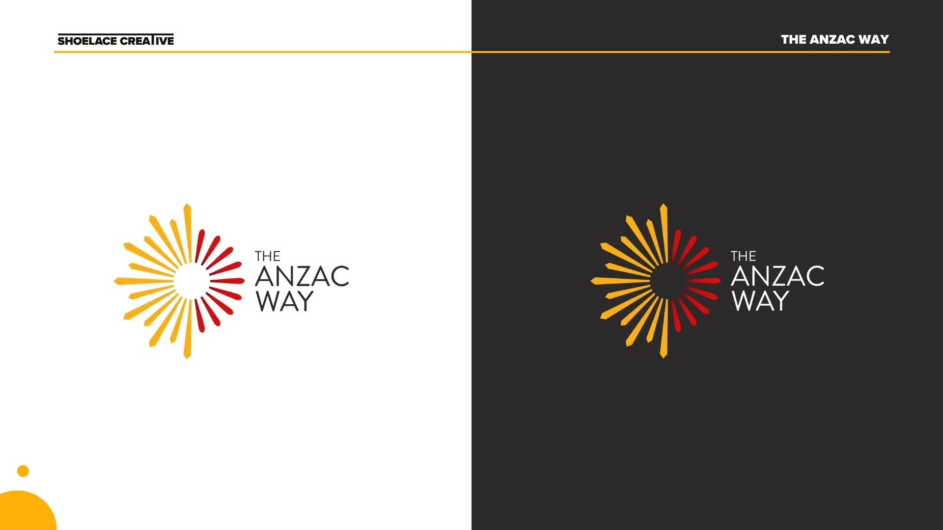 Comparison of logo design for 'The ANZAC Way' on light and dark backgrounds, featuring a stylized sunburst with yellow and red rays and black text.
