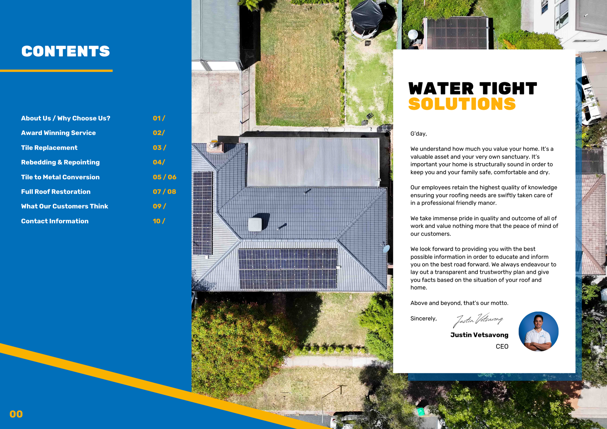 Aerial view of a house with solar panels on its roof, surrounded by neighboring houses, trees, and a grassy yard, part of a promotional company brochure for water tight solutions.