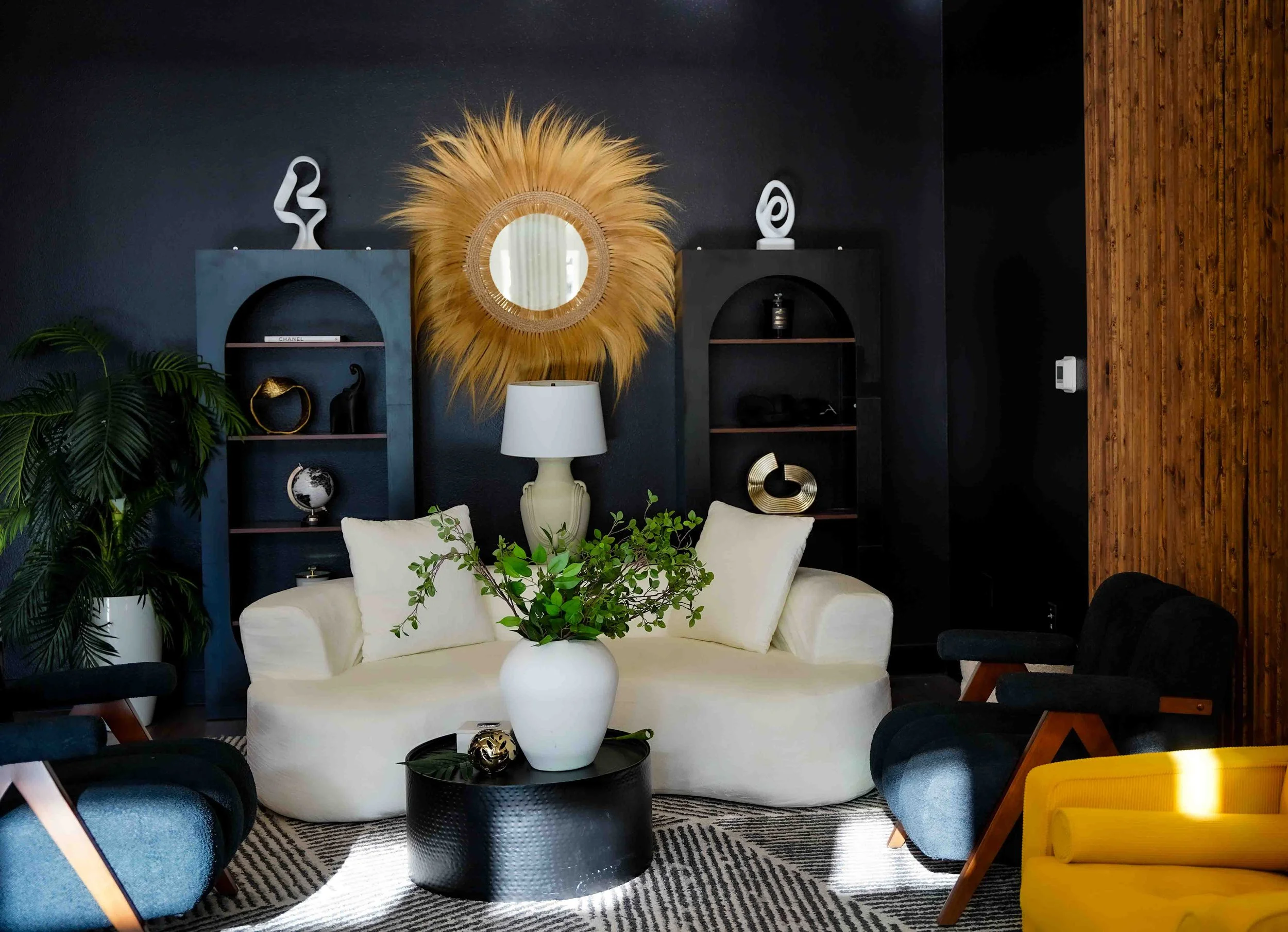 Branding photoshoot studio with elegant white and gold interior setup