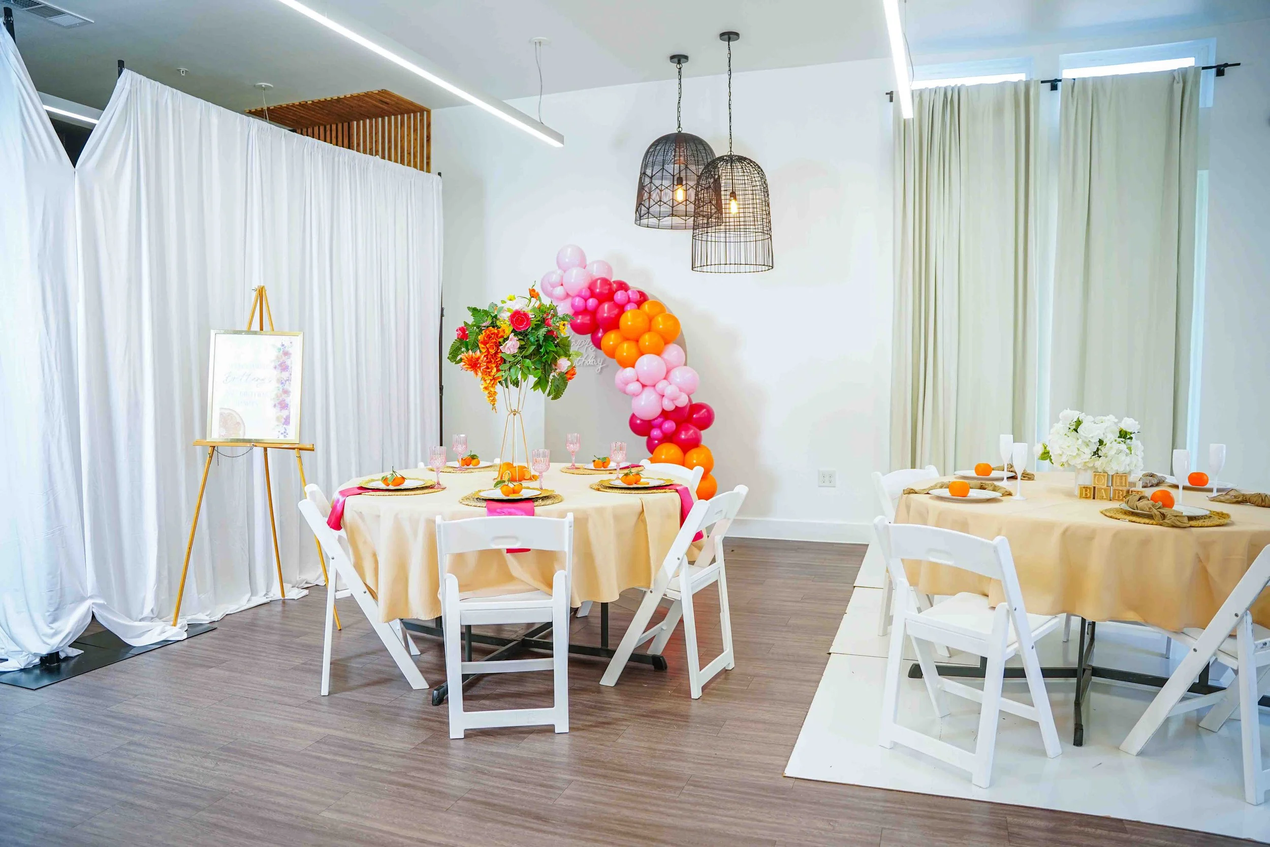 Small event space North Dallas styled for baby shower with neutral and elegant design