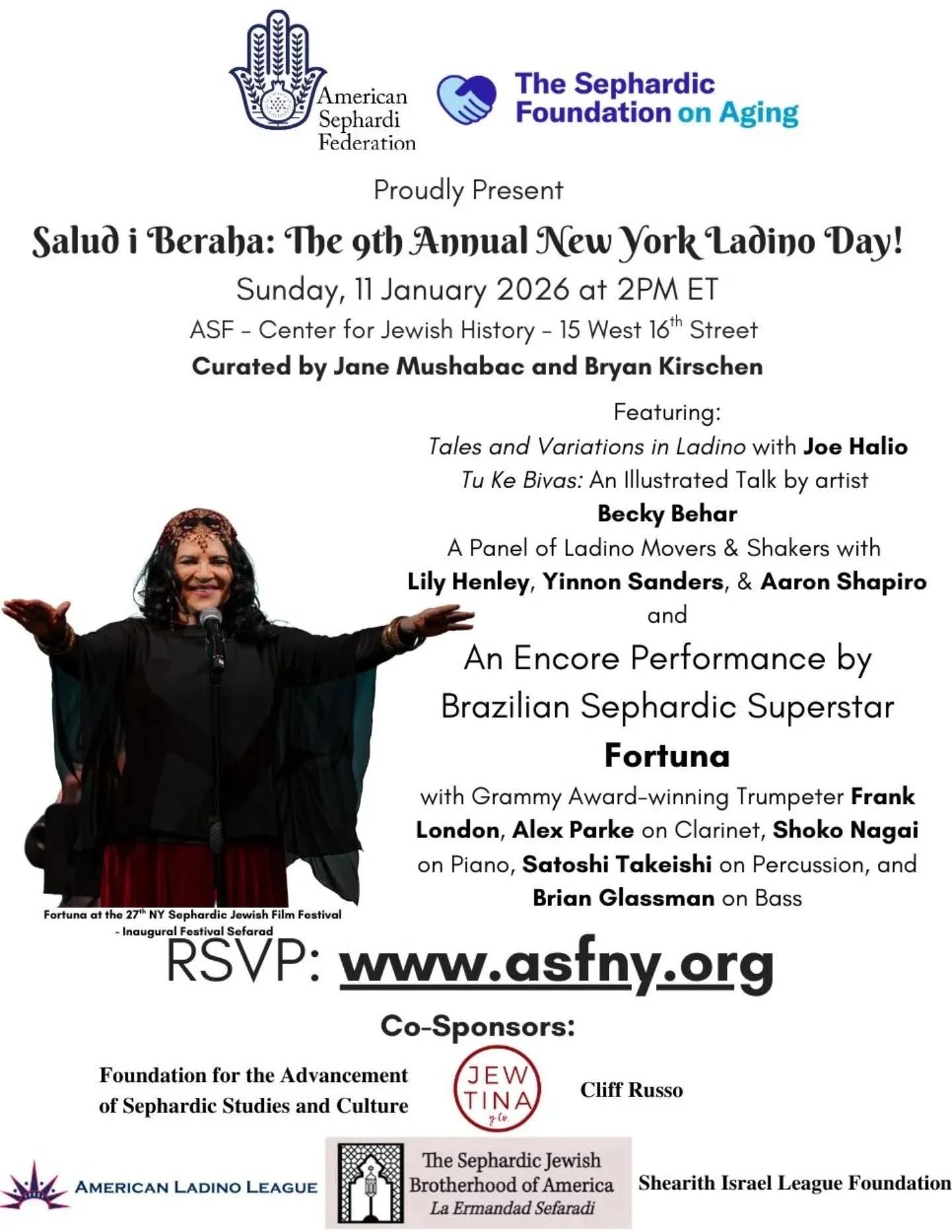 Ladino Day, NYC &mdash; Sunday, Jan 11 at 2pm.

@fortuna_oficial , coming to the stages of New York at the @centerforjewishhistory for Ladino Day!

Alex Parke &mdash; clarinet
Frank London &mdash; trumpet
Shoko Nagai &mdash; accordion
Satoshi Takeshi