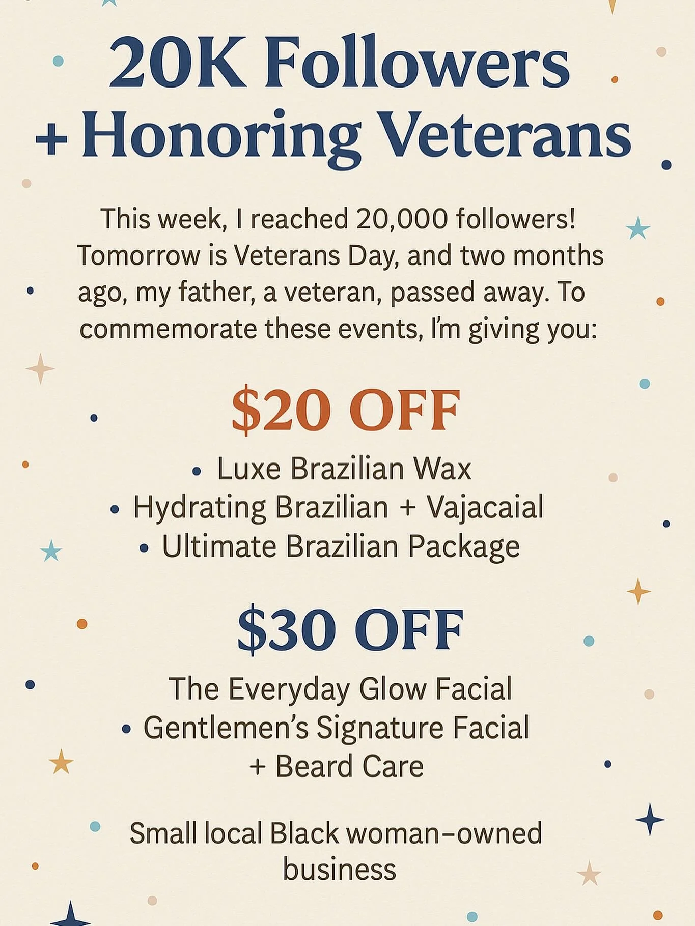 🎉 20K Followers + Honoring Veterans 🇺🇸

This week marks such a special moment &mdash; A&rsquo;Maries Skin Bar has officially reached 20,000 followers! 🥹💖

Tomorrow is also Veterans Day, which means even more to me this year. My father, who passe
