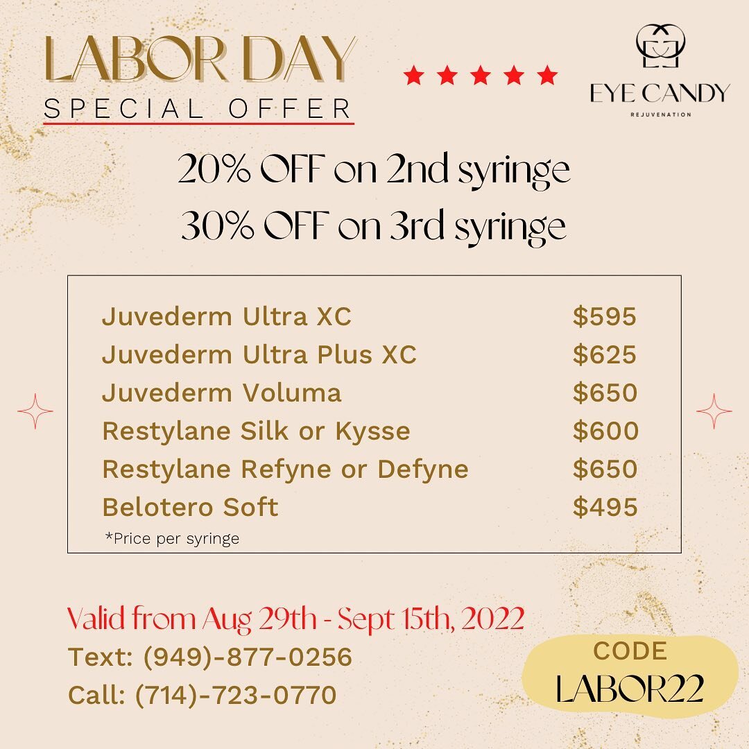 🇺🇸LABOR DAY SPECIAL OFFER FOR FILLER UP TO 30% OFF 👇 💯

 CALL/ TEXT us and mention the &quot;PROMO CODE&quot; when booking to get the deal. Save the deal now! ❤️

*Promotions will end at 7:59 pm on September 15th night. One discount, per person, 