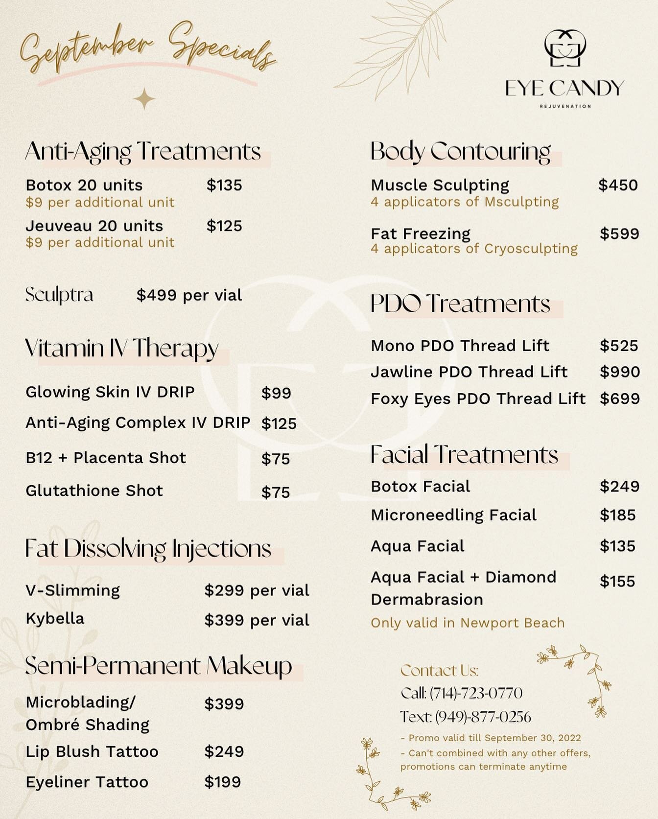 ✨Relax, Renew &amp; Refresh✨

Treat yourself something specials on IV Therapy, Botox, Filler, Facials, PDO Thread Lift, Laser treatments and so much more with Eye Candy!💗

*Limited time offers till September 30th, 2022.
- Can't combined with any oth