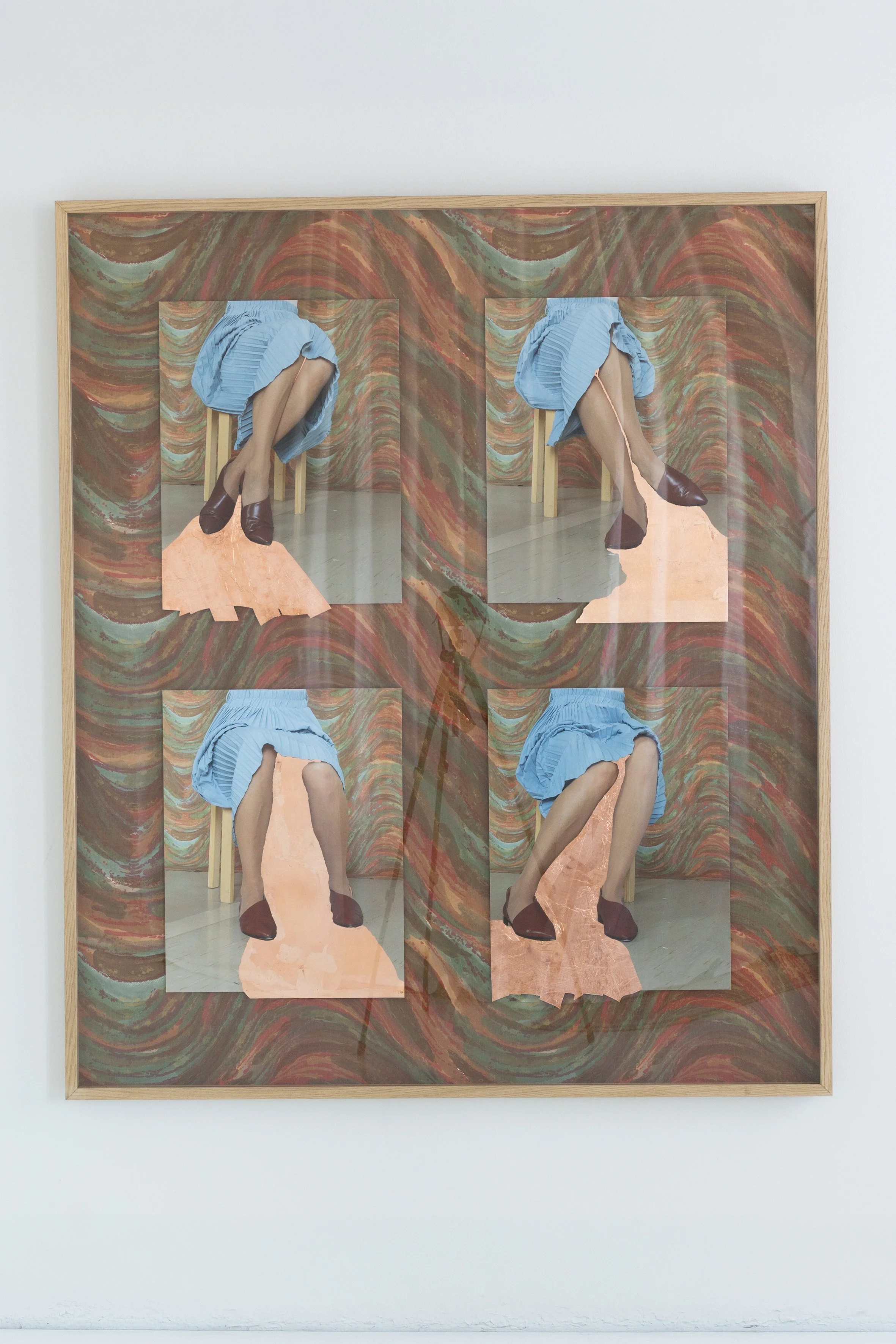 Leg Work, Inkjet print, fabric, copper tape, aluminium leaf. Frame: acrylic, wooden frame oak.