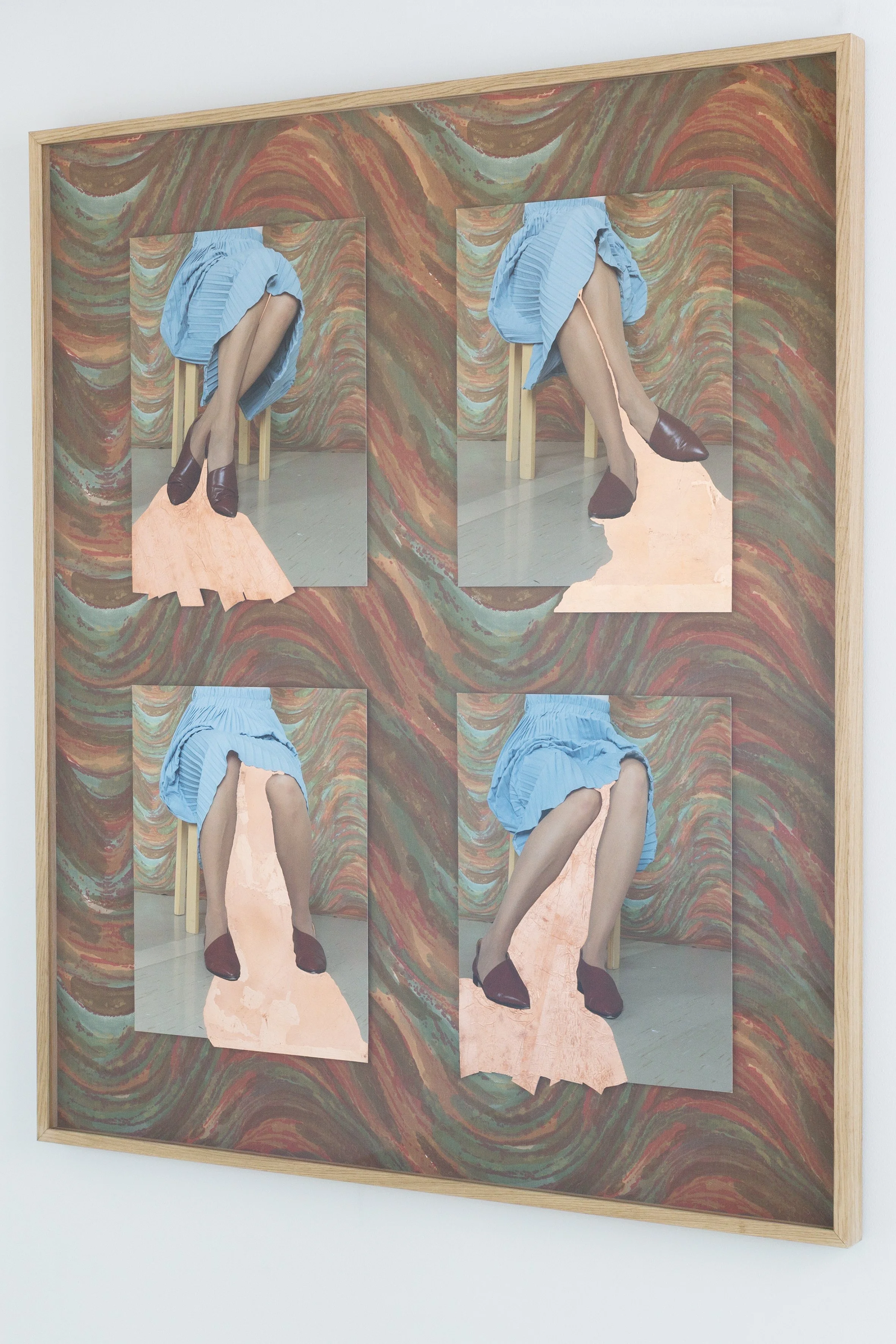 Leg Work, Inkjet print, fabric, copper tape, aluminium leaf. Frame: acrylic, wooden frame oak.