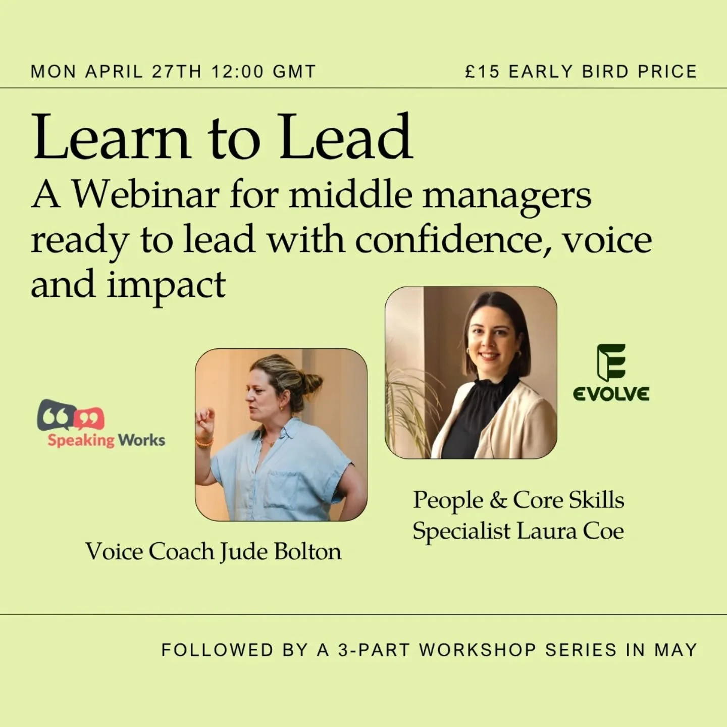 Calling all middle managers ready to lead! 🙌🏼🎉

Come along to our webinar - EB price available now. In collaboration with core people skills specialist from Evolve, Laura Coe. 

Learn what a strong leadership presence really looks like:&nbsp;&nbsp
