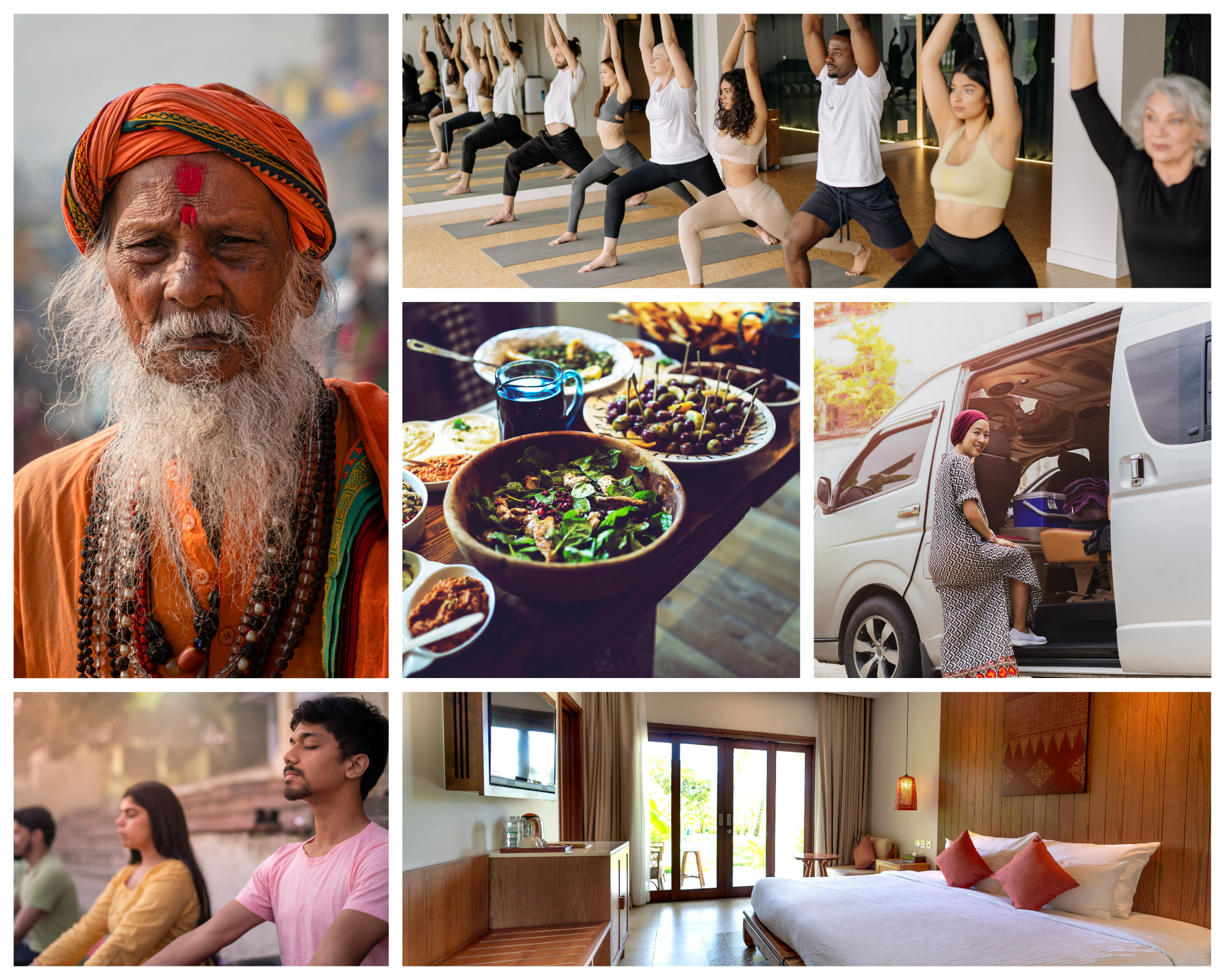Collage of nine images: an elderly man in traditional attire, a group yoga class, a table of assorted dishes including salads and olives, a woman packing a car trunk, meditating people outdoors, a hotel room interior, and a bedroom with a large bed.