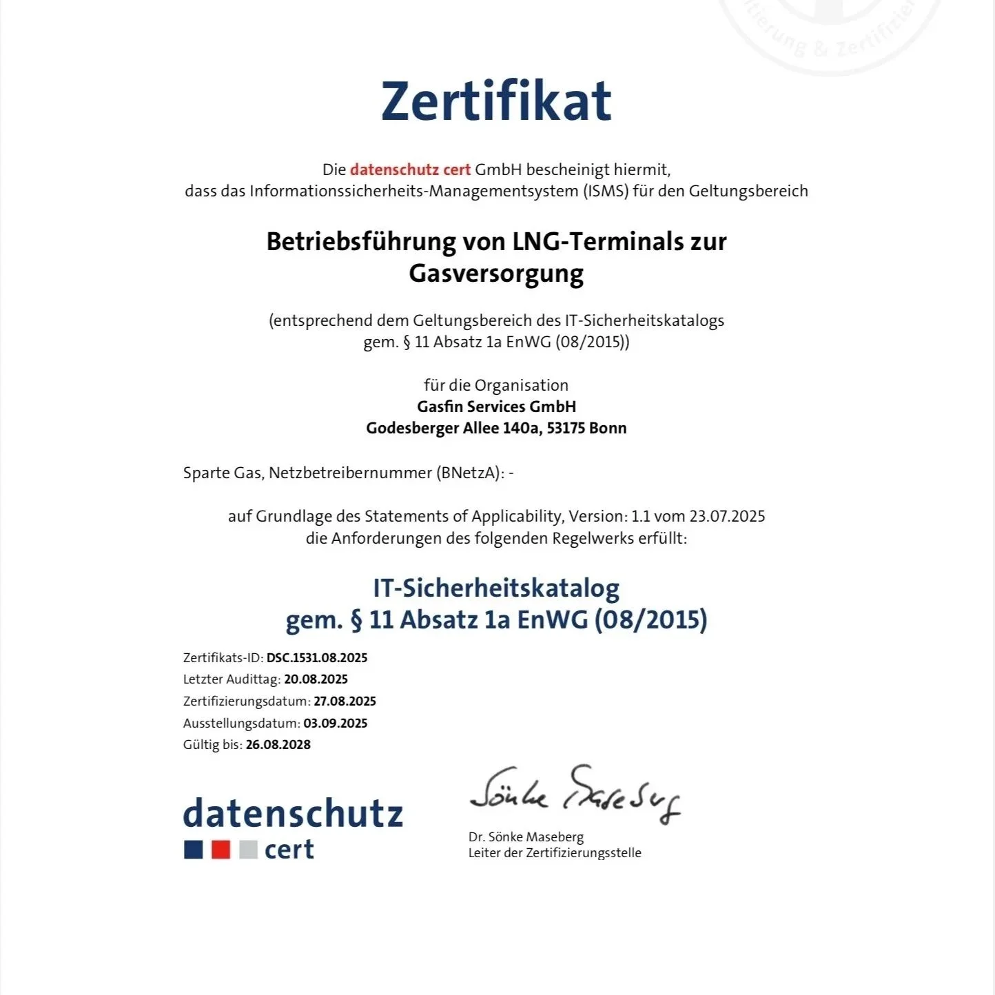 Gasfin officially ISMS certified