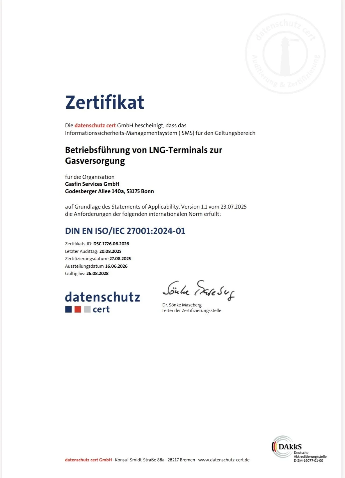 Gasfin Services achieves internationally recognised ISO/IEC 27001 certification
