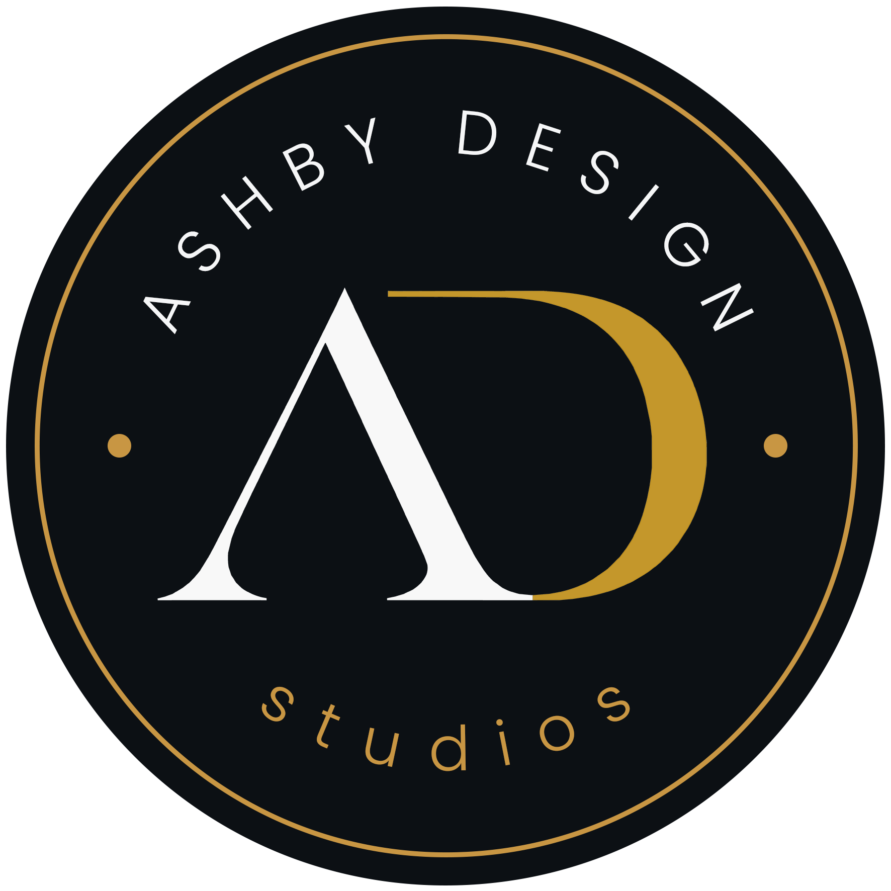 Black circular logo with gold and white text reading 'Alpha Shoe Design Studios' and a stylized letter 'A' at the center.
