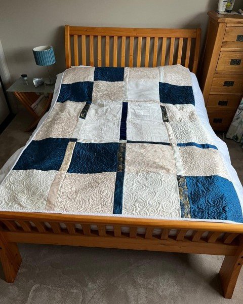 Blue and White King Size Quilt made from three Wedding and two Bridesmaid Dresses