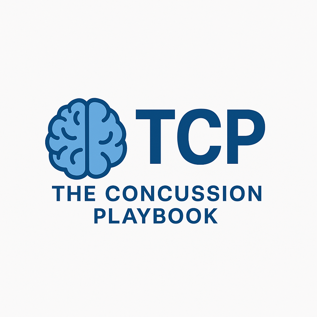 Logo for TCP The Concussion Playbook featuring a blue brain icon and text in blue on a white background.