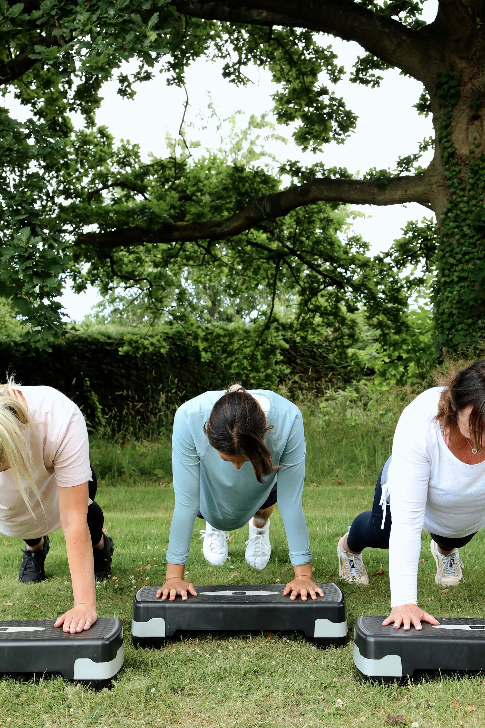 People participating in an outdoor fitness class, doing push-ups on exercise steps in a grassy park under a large tree.