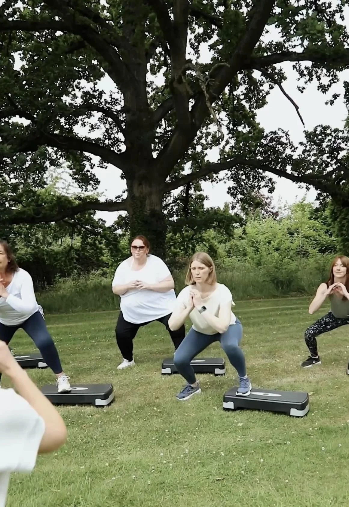Group of women exercising outdoors on step platforms in a park with trees and greenery.
