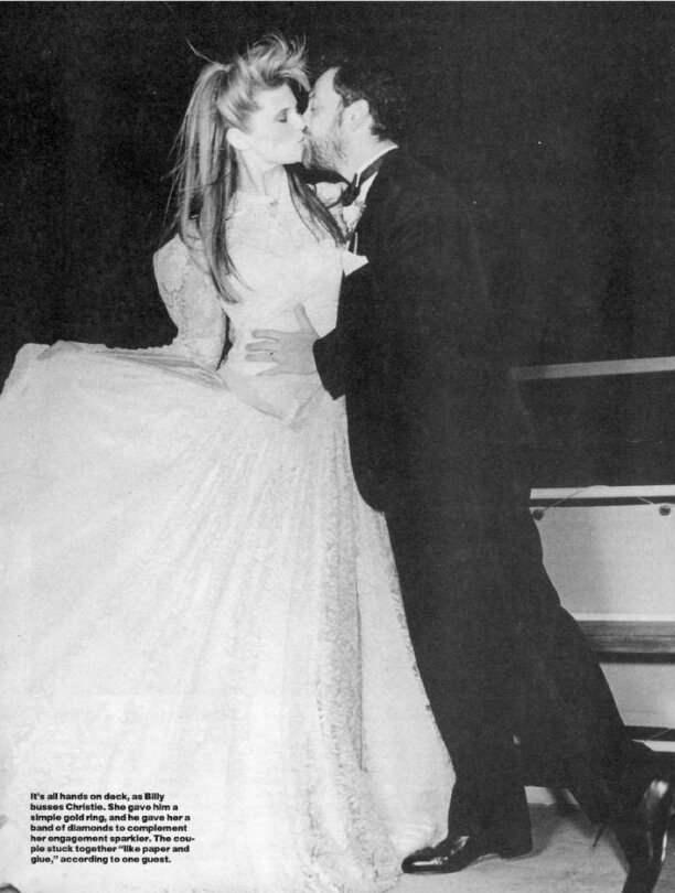 Christie Brinkley wearing a custom Norma Kamali wedding dress when she married Billy Joel in 1985.