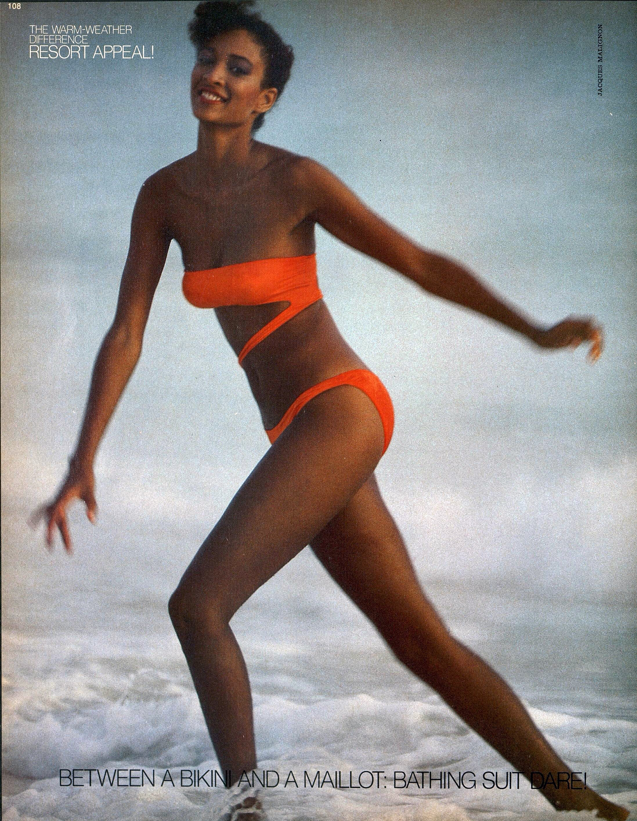 Peggy Dillard in a barely there OMO suit. Photo by Jacques Malignon for Harper's Bazaar, January 1980.