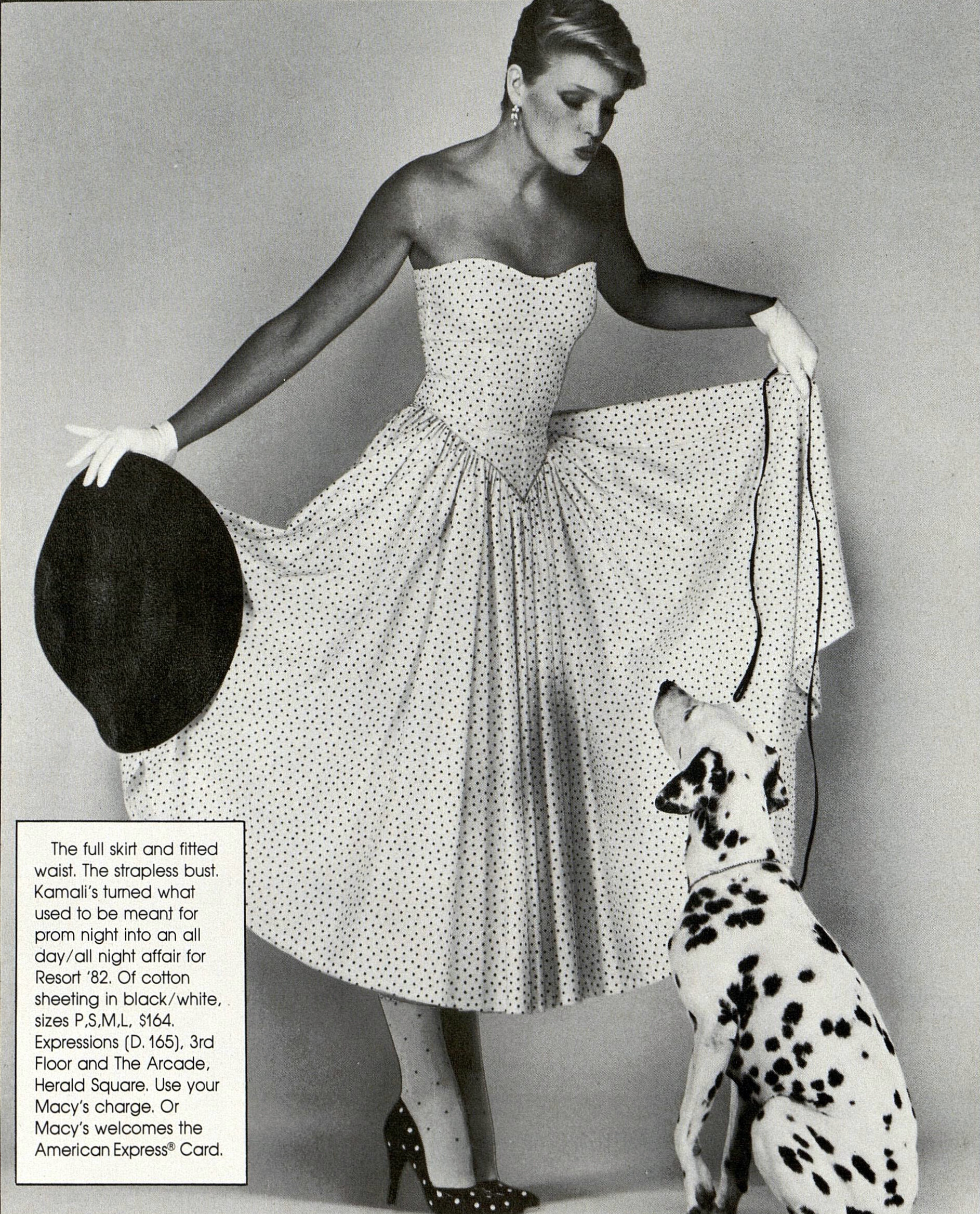 A Bloomingdale's ad featuring a Kamali strapless dress, 1982.