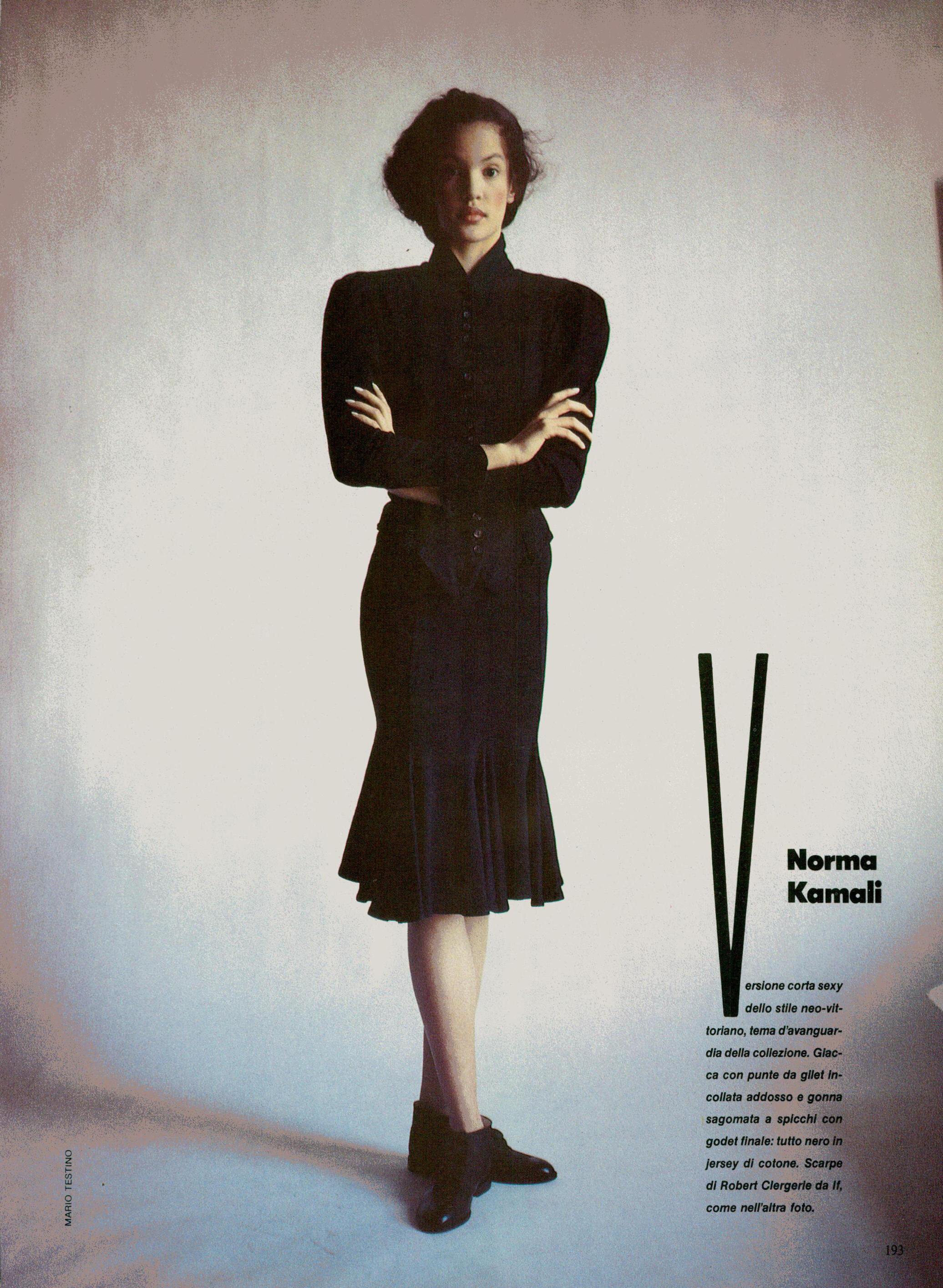 Claudia Mason in a Kamali suit. Photo by Mario Testing for Vogue Italia, February 1986.