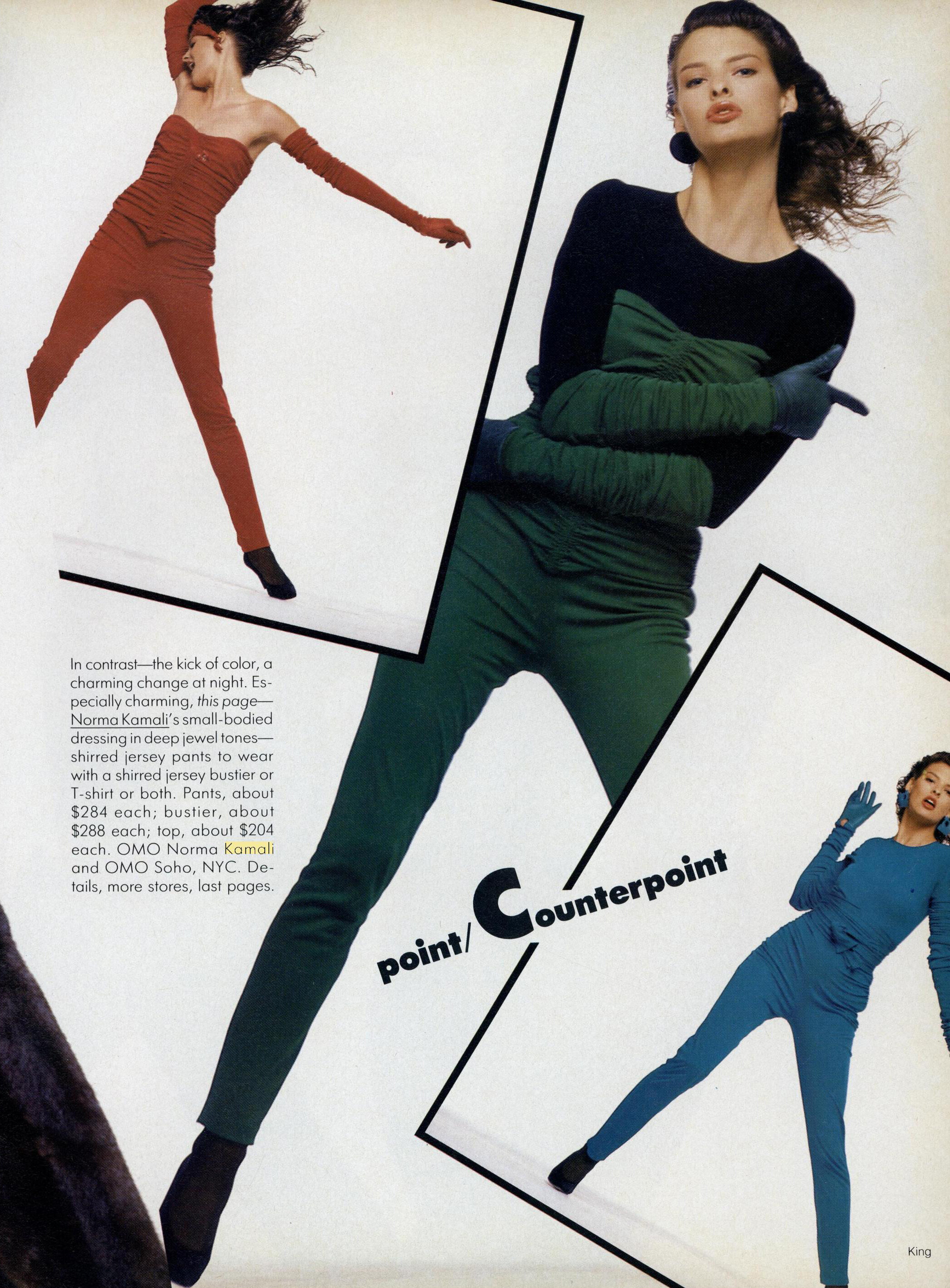Jewel-tones Kamali tops and tight trousers. Photos by Bill King for Vogue, September 1987.