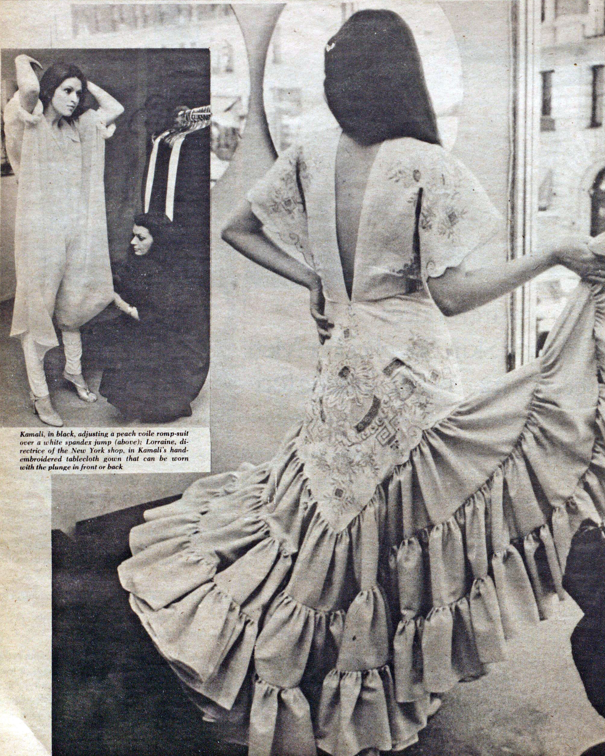 A dress made from a hand-embroidered tablecloth. WWD, April 15, 1977.