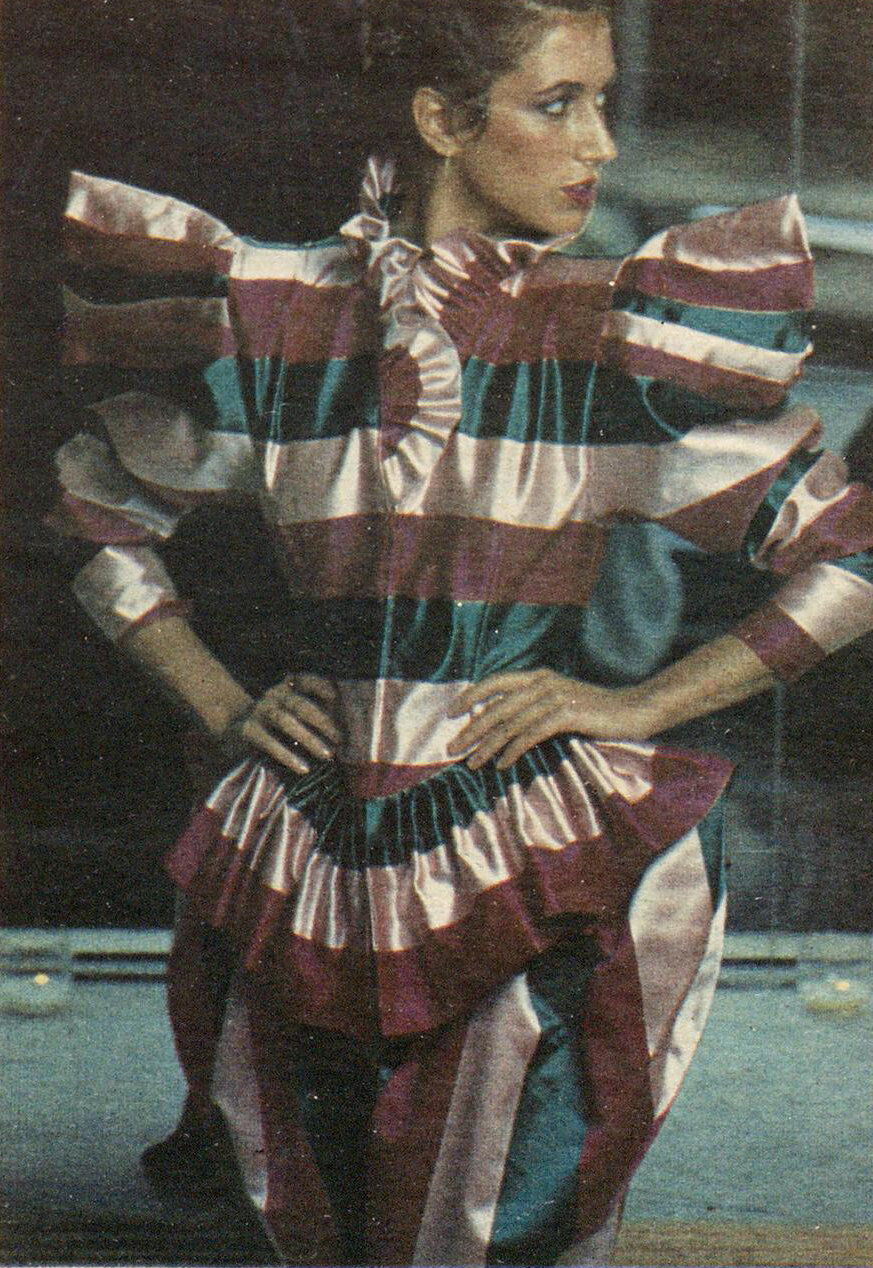 Striped silk by Norma Kamali OMO. WWD, October 27, 1979.