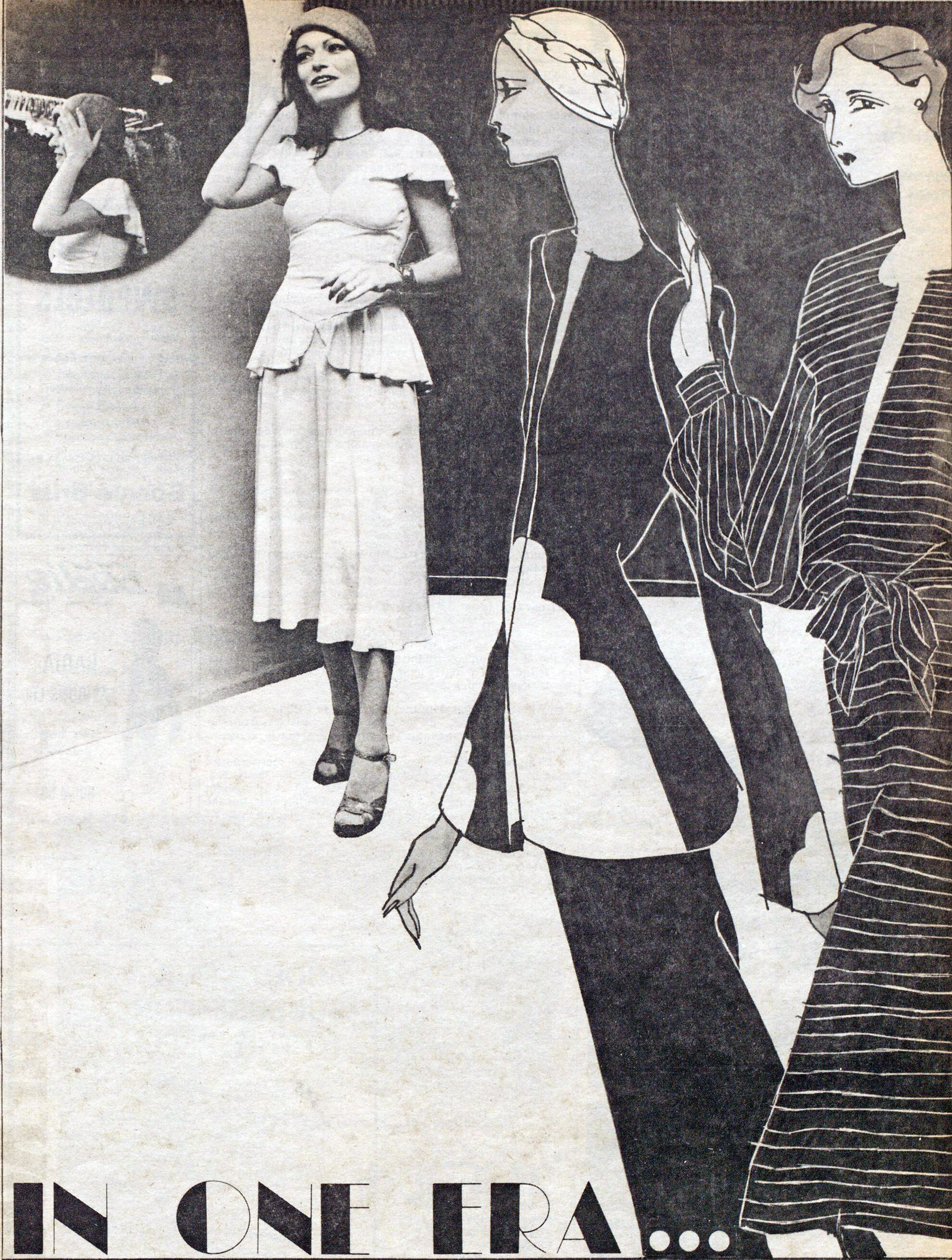 Norma in a 1930s-style jersey dress from her shop. WWD, January 16, 1974.