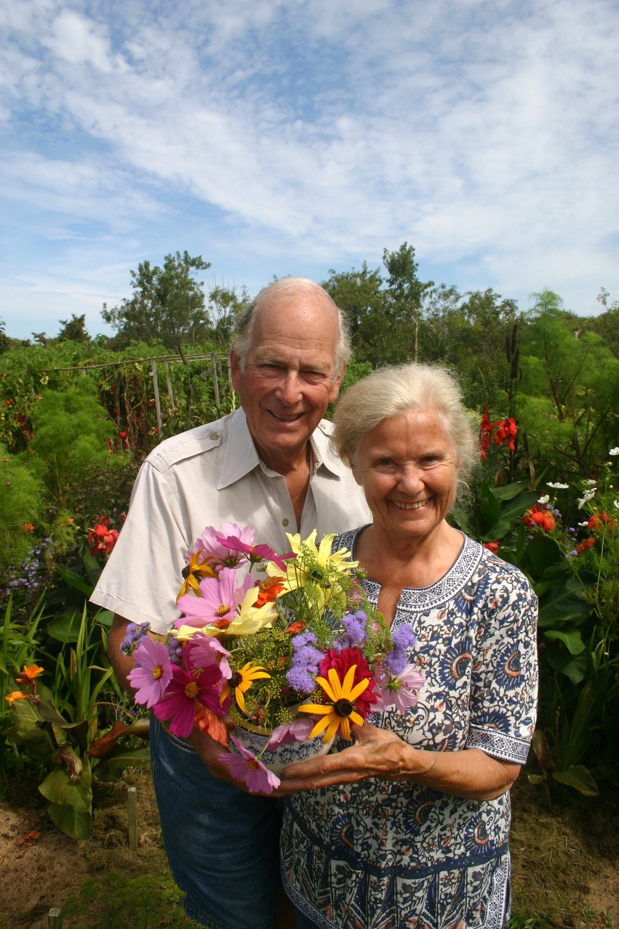 Russell and Marian Morash in their garden in Nantucket.