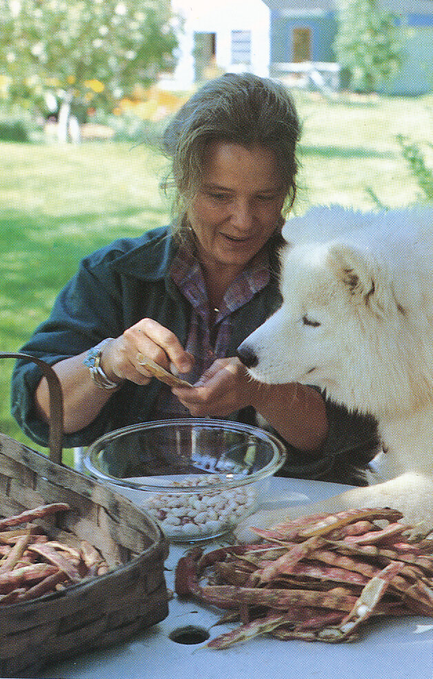 Marian Morash shelling peas with their dog. From 'The Victory Garden Cookbook', 1982.
