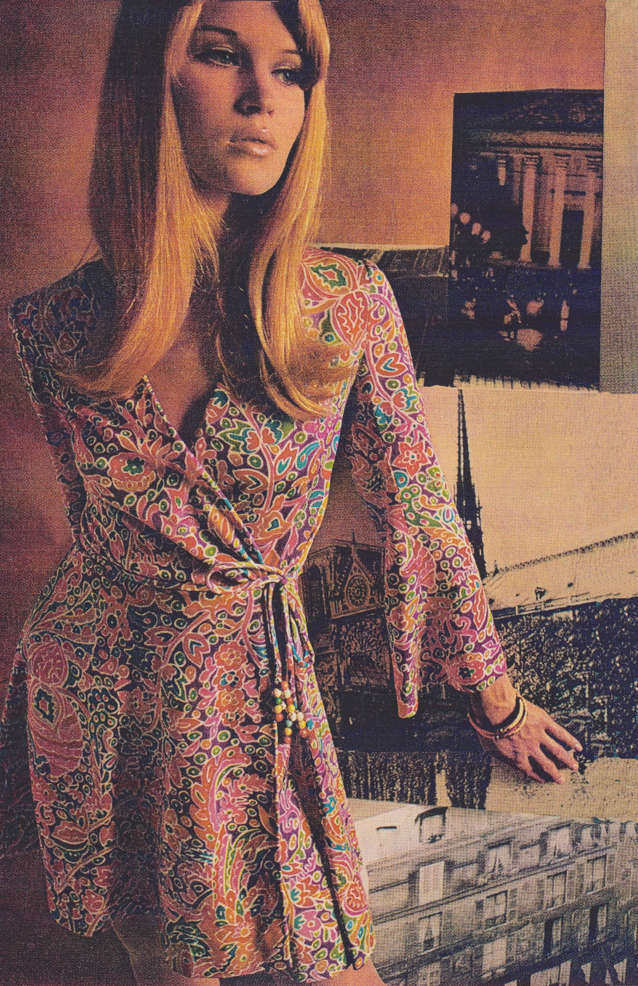 A wrap-dress designed by Fonssagrives-Tiel in 1967 and licensed to Joan Arkin, a NYC dress company. Redbook, 1967.