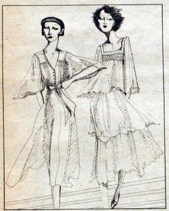 Two designs by Vicky Tiel that were huge hits with American boutiques including Giorgio Beverly Hills and Bendel's, December 1974.