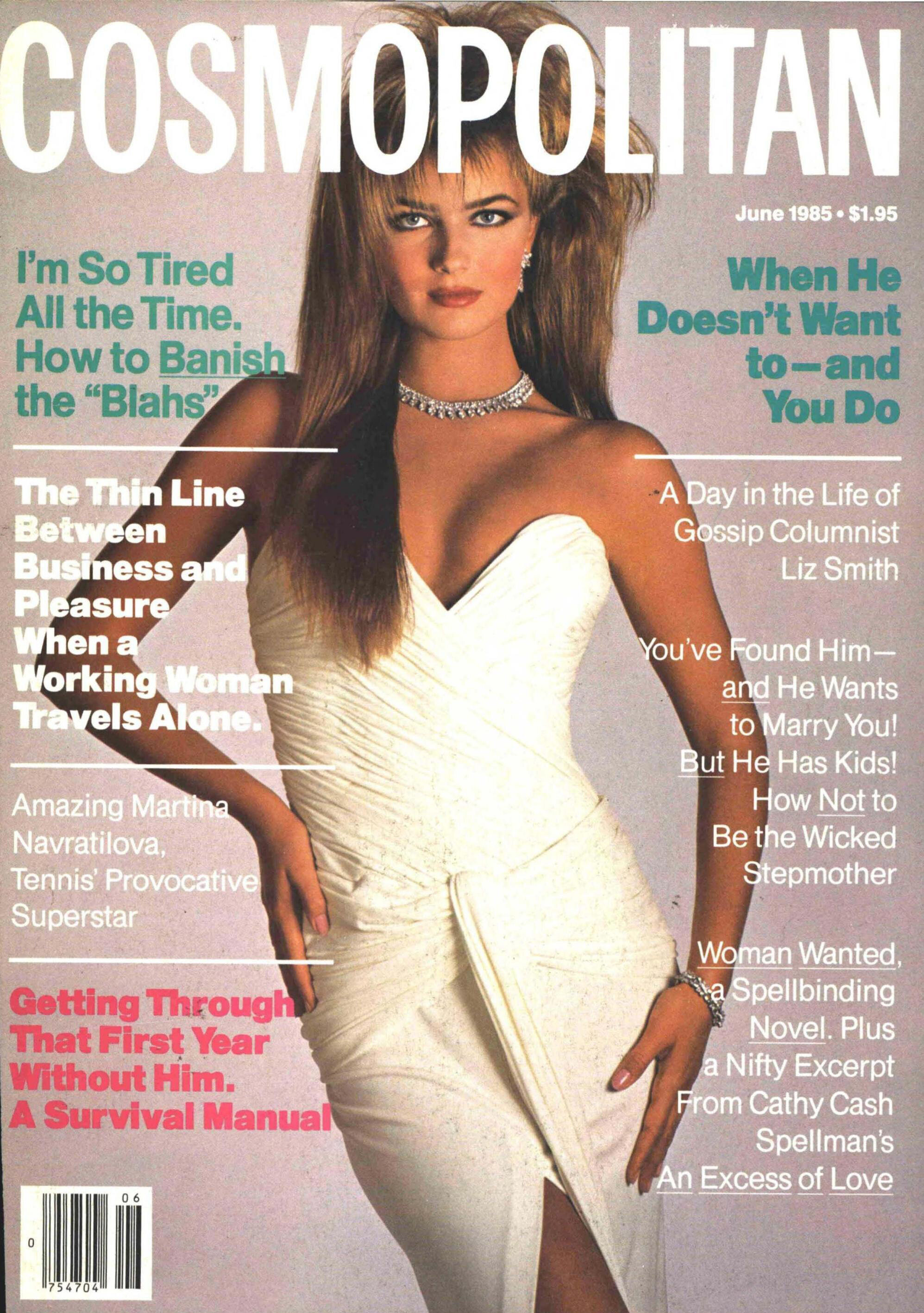 Paulina Porizkova in white Vicky Tiel on the cover of Cosmopolitan, June 1985; photo by Francesco Scavullo.