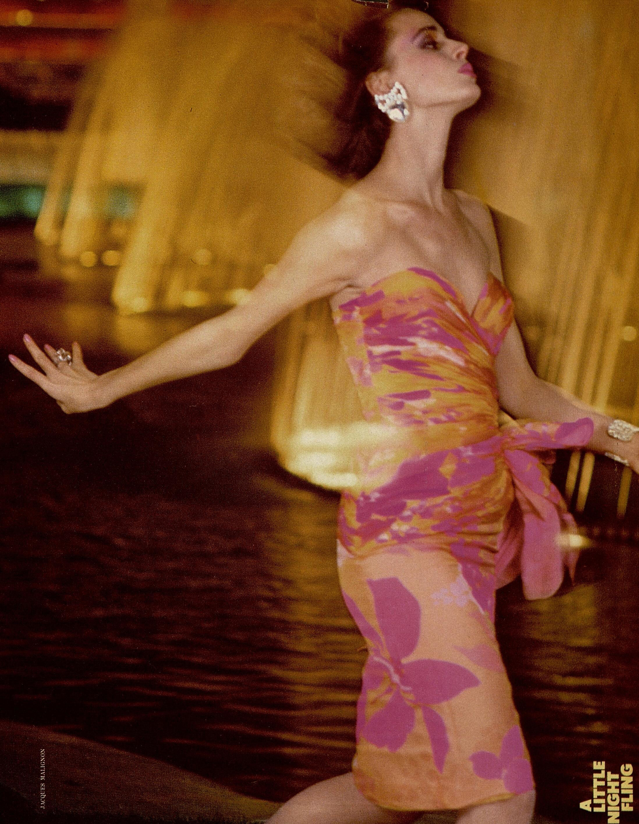 Ruched, brightly colored chiffon shot by Jacques Malignon for Harper's Bazaar, March 1985.