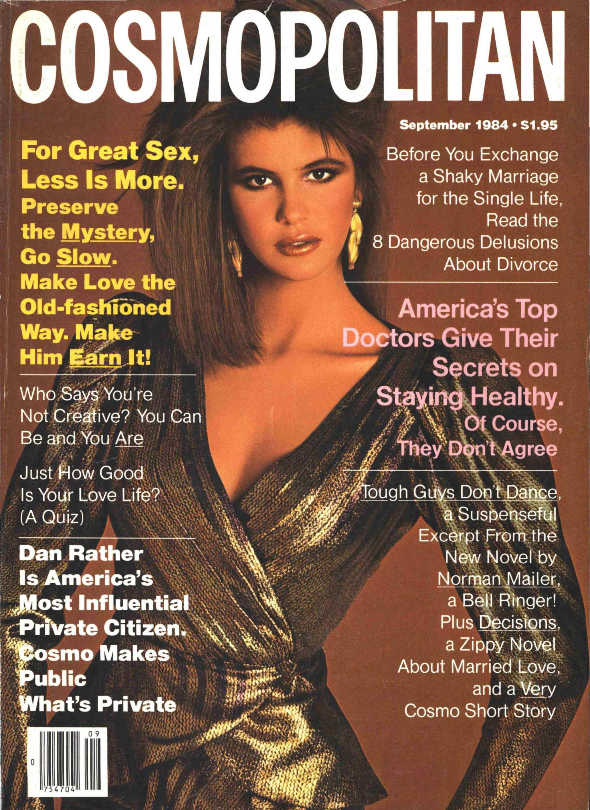 Elle Macpherson in major gold lamé on the cover of Cosmopolitan, September 1984; photo by Francesco Scavullo.