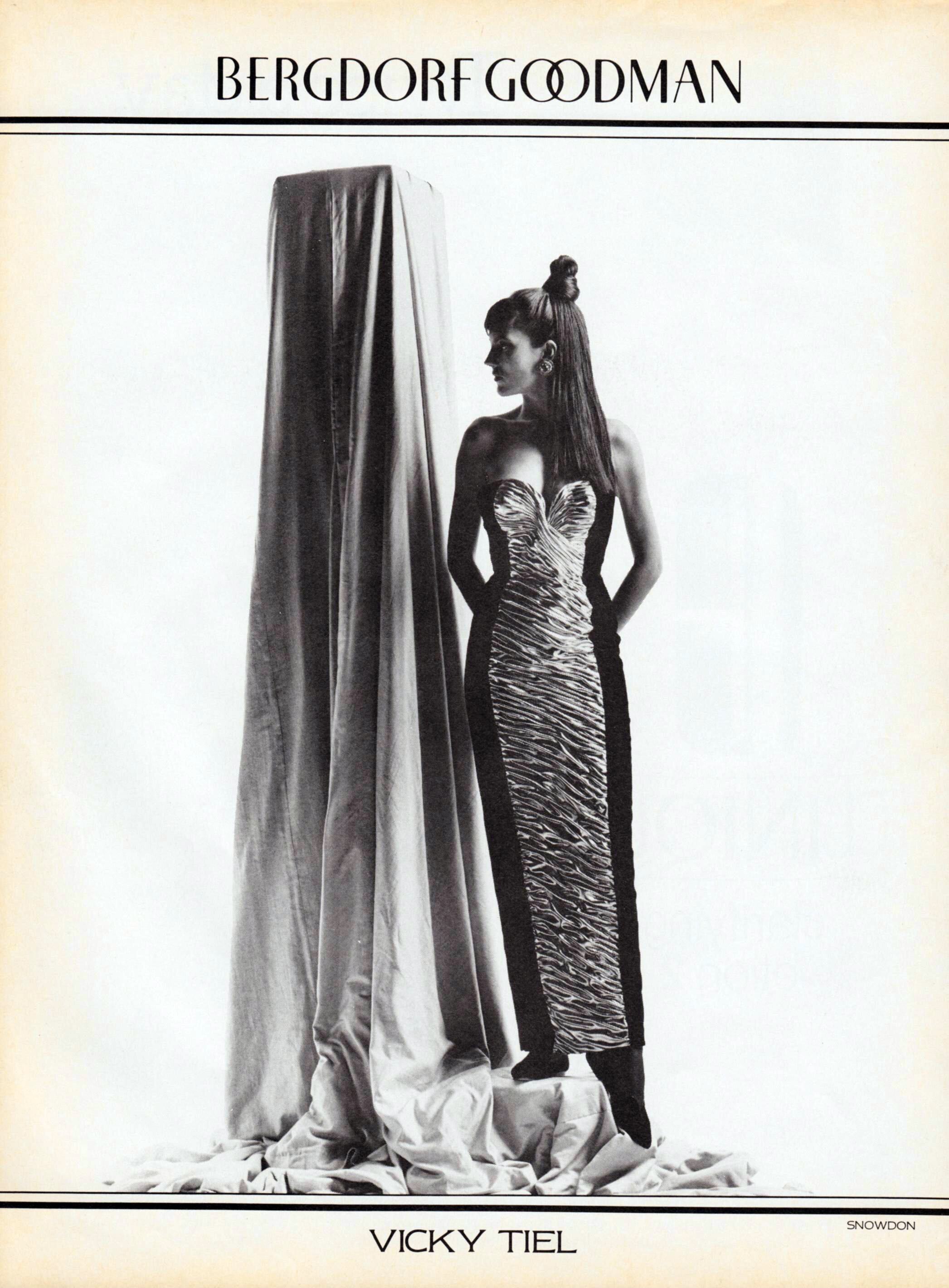 An ad for Vicky Tiel's couture salon at Bergdorf Goodman, 1986.