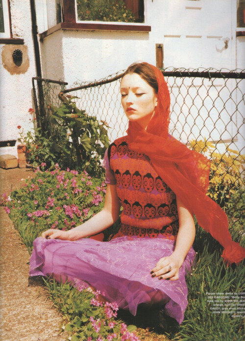 Audrey Marnay wearing an Anna Sui "Betty Boop" sweater vest over a Comme des Garçons dress. Photographed by Ellen Von Unwerth for The Face, 1997.