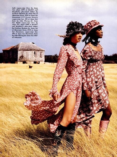 Basia Milewicz and Sebastian Cardin in Anna Sui dresses and hats. Shot by Troy Word for New York Magazine, 1993.