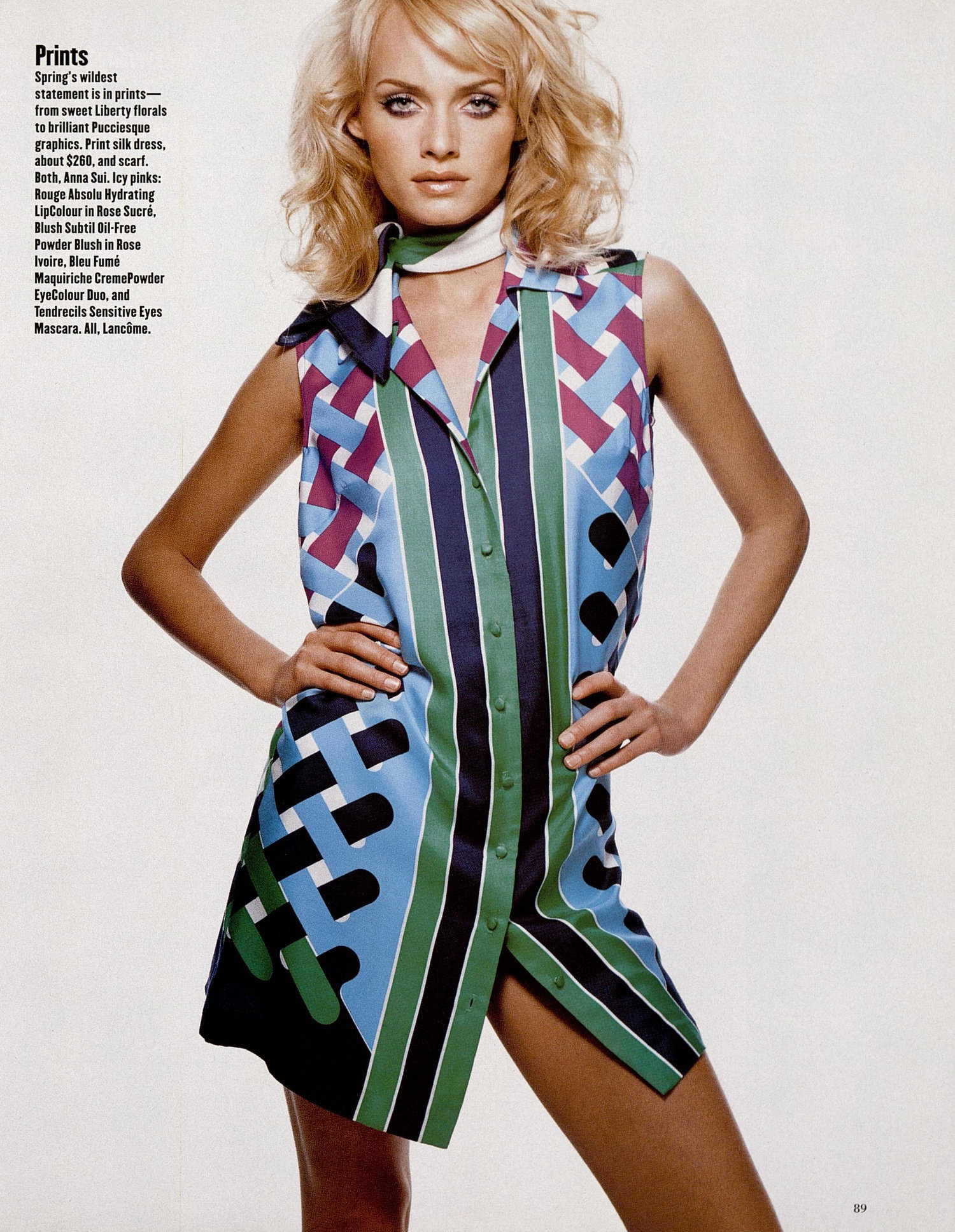 Amber Valetta in a graphic print dress. Photo by Patrick Demarchelier for Harper's Bazaar, January 1996.