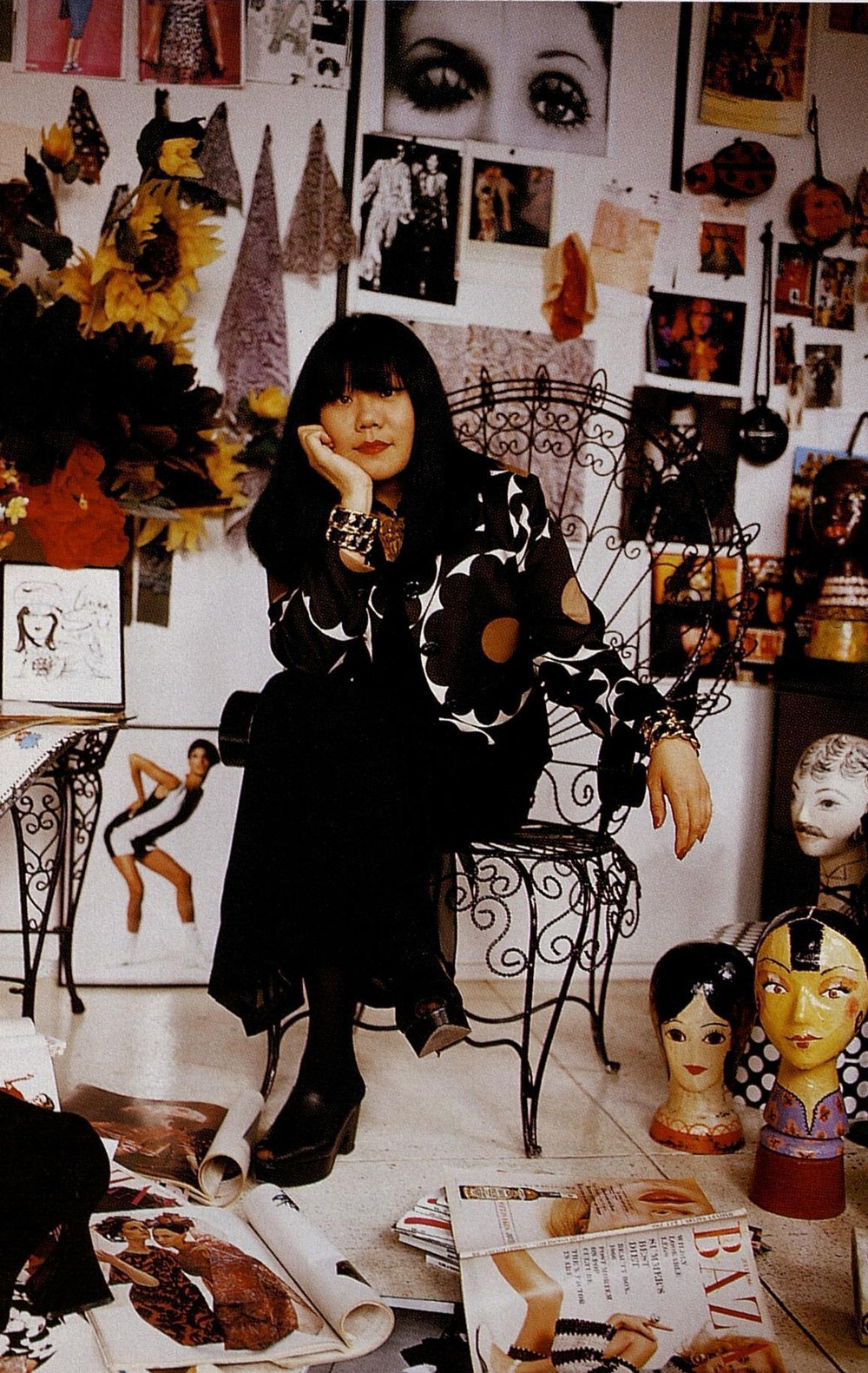 Anna Sui in her office. Photographed by Jesse Frohman for Harper's Bazaar, September 1992.