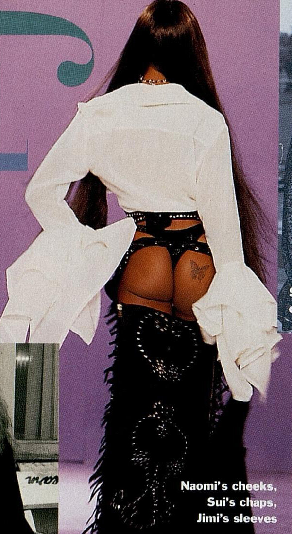 Naomi Campbell modeling ass-less chaps in Sui's fall/winter 1992 collection.