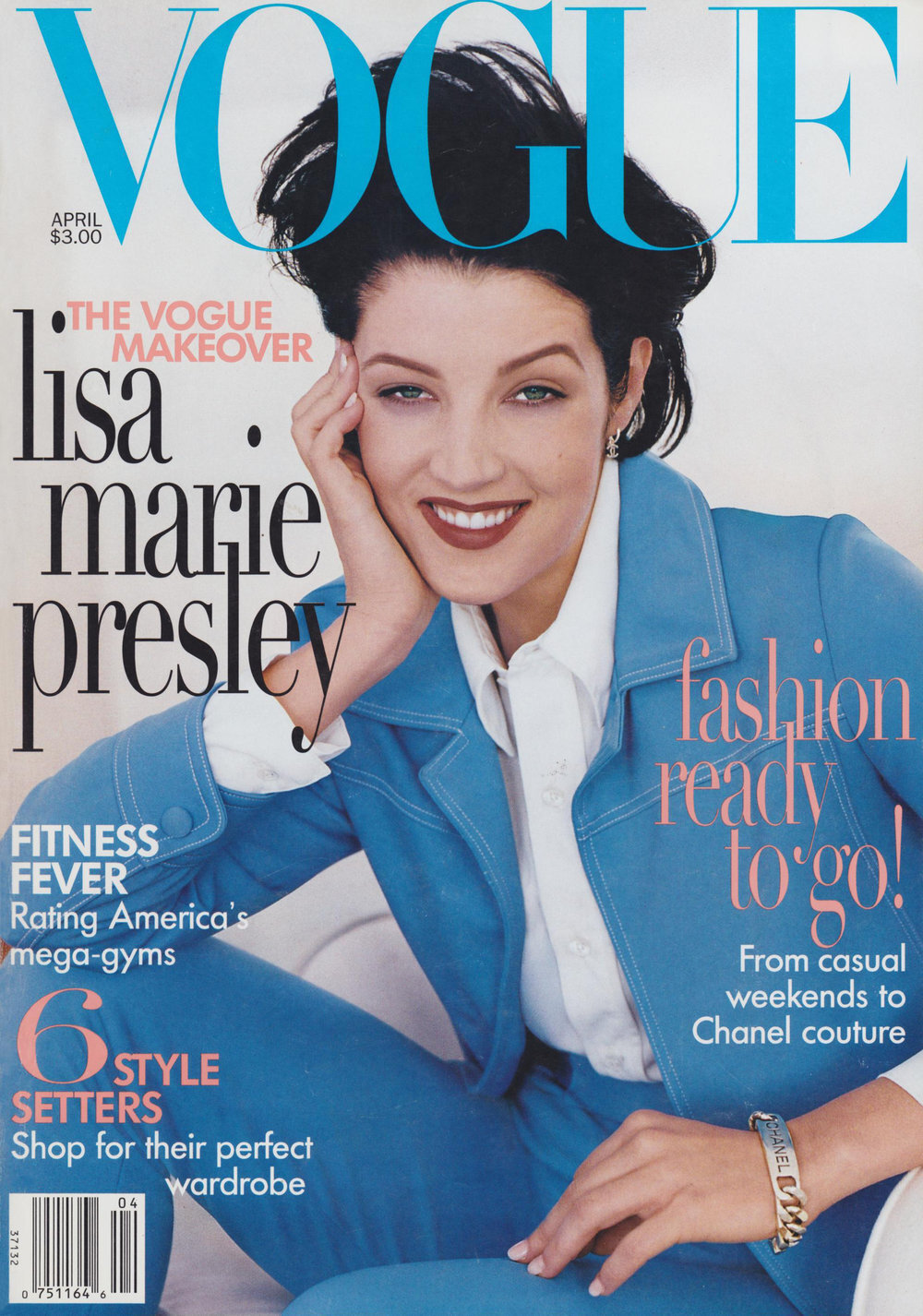 Lisa Marie Presley wearing an Anna Sui suit on the cover of Vogue, April 1996. Photo by Steven Meisel.