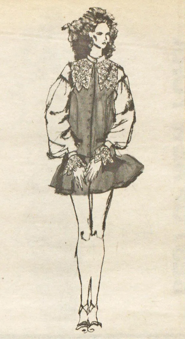 A design by Sui, illustrated by Steven Meisel for WWD, April 20, 1981.