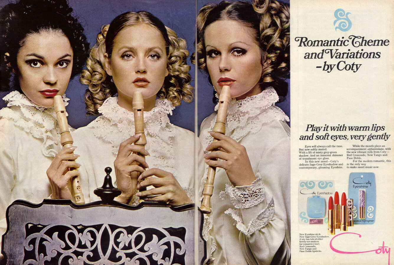 Ingrid (center) with Joanna Lumley (right) in a Coty makeup ad, 1968.