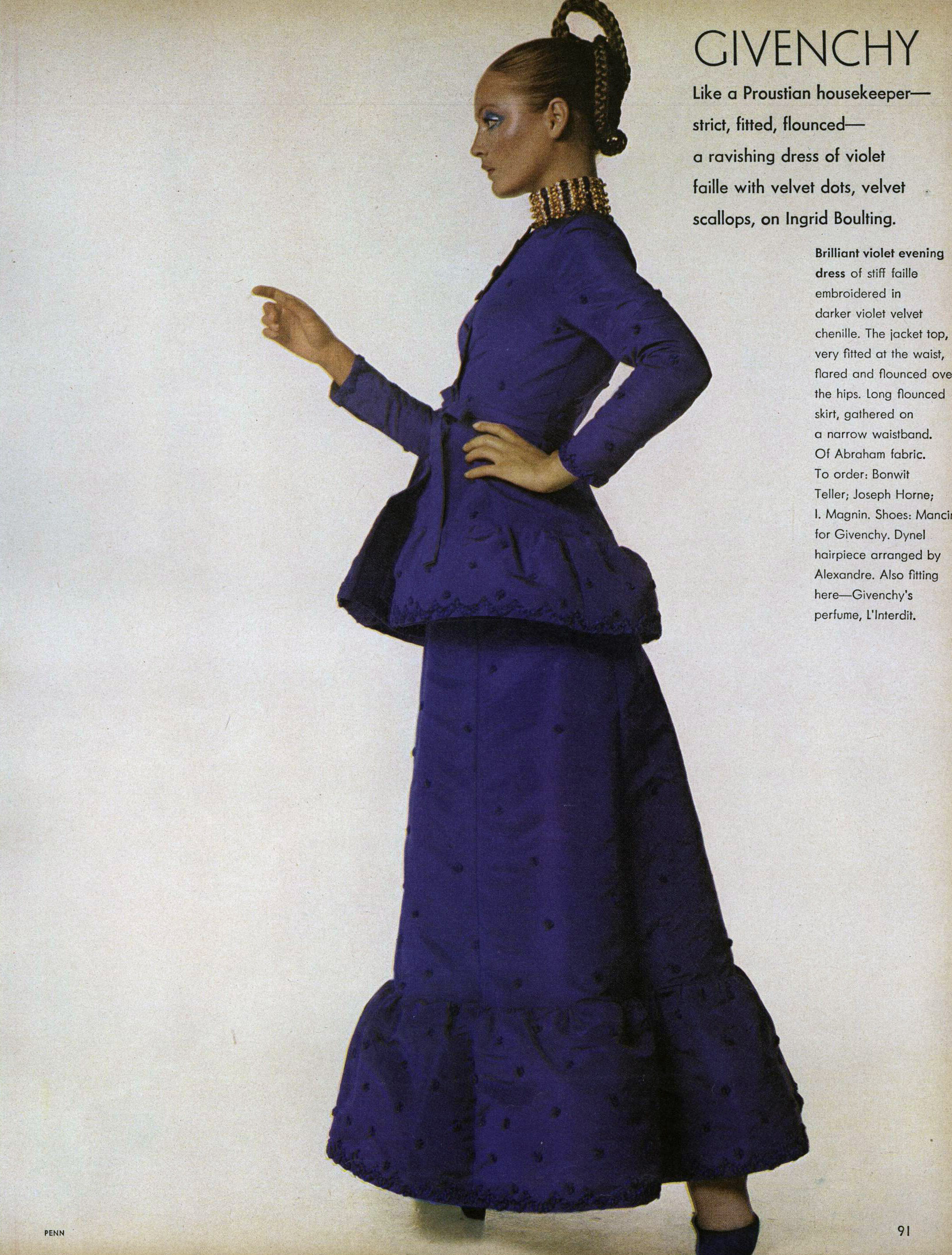 Wearing Givenchy couture for Irving Penn. Vogue, September 15, 1970.