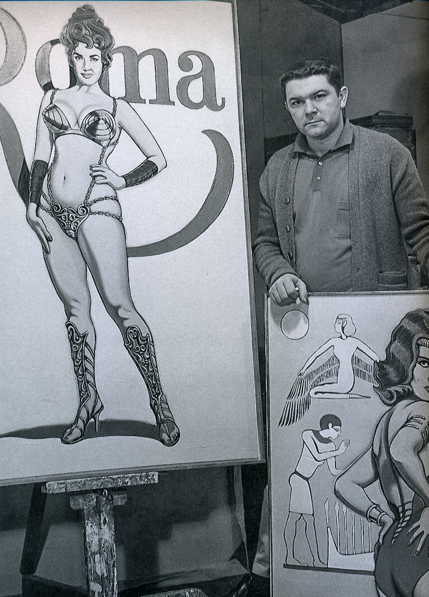 Mel in front of his paintings "Roma - Empress of the Ancient World" and "The Nile Queen" in his Sacramento studio, 1963.