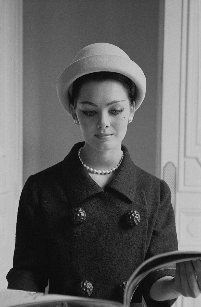 A Givenchy model at the designer's headquarters, shows off the latest in fashion, Paris, France, June, 1960